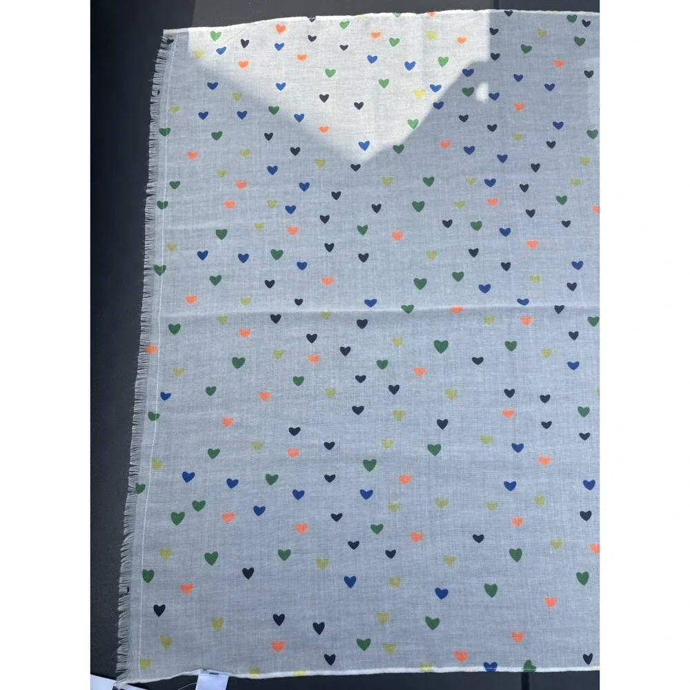 Gap Scarf Multi Color Heart Print On White Fringes 6 Ft Long Polyester New